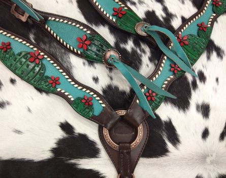 Showman  Painted Cactus with 3D flower accent one ear headstall breast collar set #4